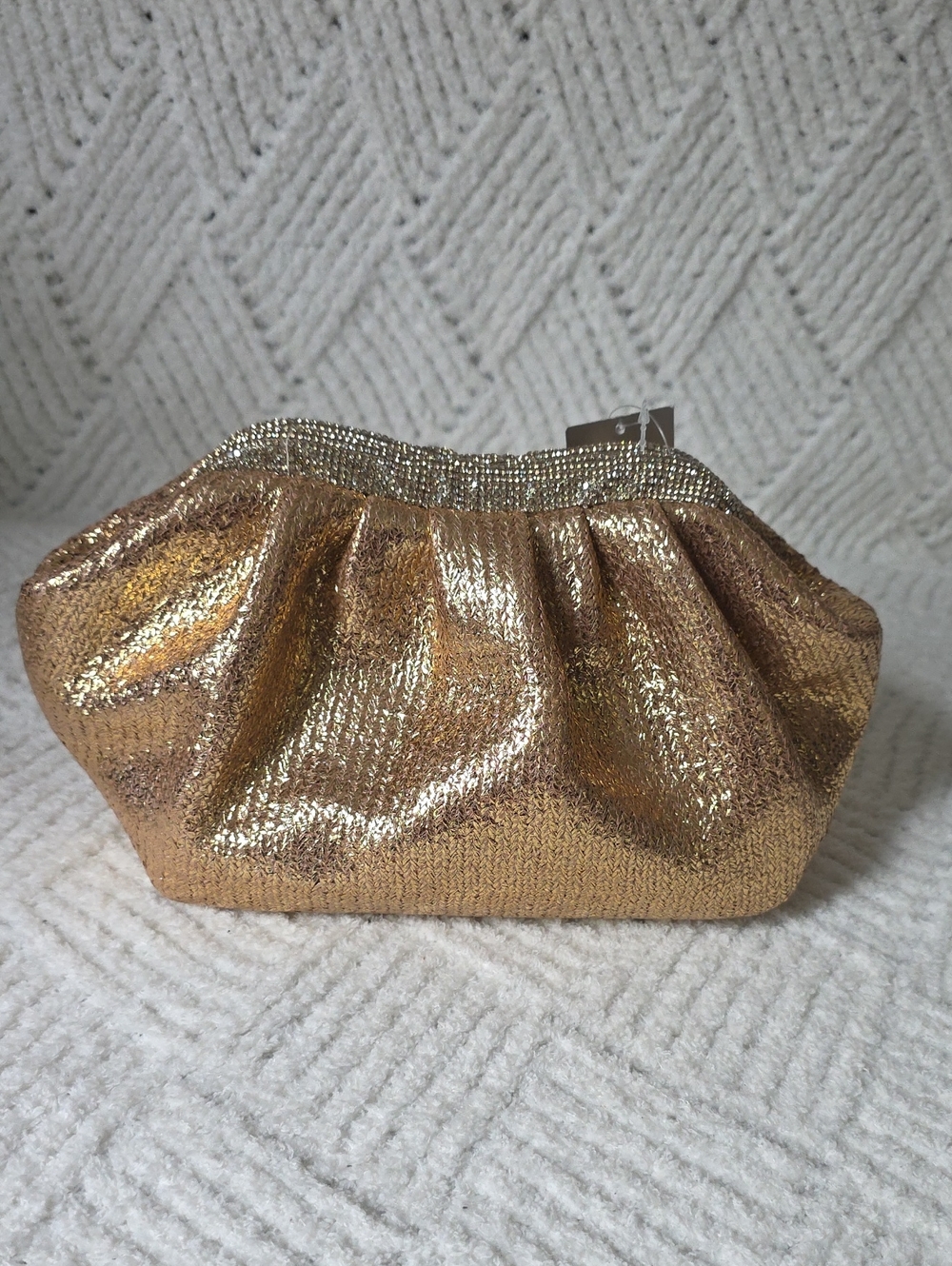 Nina Gold Metallic Gathered Clutch with Rhinestone Trim
